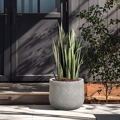 LuxenHome 14-Inch Dia Round Concrete Planters, Large Outdoor Indoor Decorative Plant Pots with Drainage Holes and Rubber Plug, Modern Gray Glen Woven Pattern Flower Pot Planters for Home Garden Patio