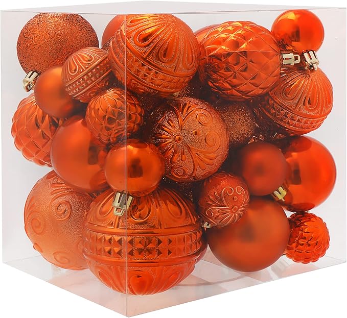 Christmas Ball Ornaments Copper Orange Christmas Tree Decorations with Hang Rope-36pcs Shatterproof Christmas Ornaments Set with 6 Styles in 3 Sizes(Small Medium Large)