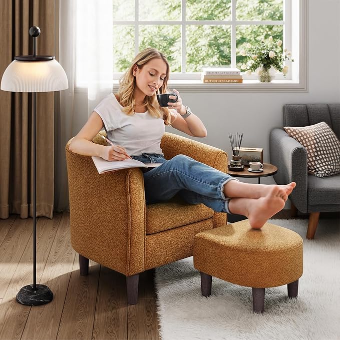 LINSY Accent Chair with Ottoman, Chenille Barrel Chair with Footstool, Modern Upholstered Armchair for Living Room Bedroom Waiting Room Office, Orange