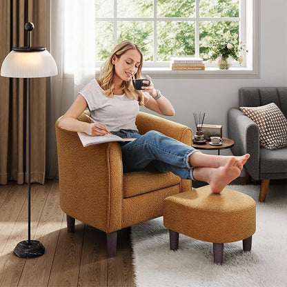 LINSY Accent Chair with Ottoman, Chenille Barrel Chair with Footstool, Modern Upholstered Armchair for Living Room Bedroom Waiting Room Office, Orange