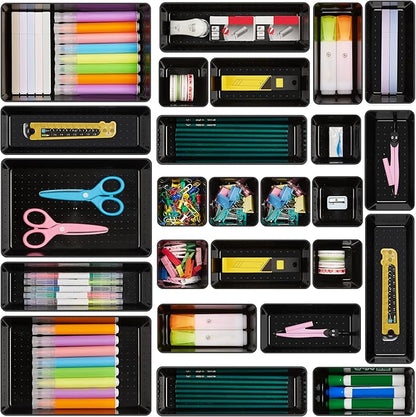 Vtopmart 25 PCS Desk Drawer Organizers Set, 4-Size Versatile Plastic Drawer Organizer Desk Accessories Office Organizers and Storage, Bathroom, Makeup, Vanity, Black