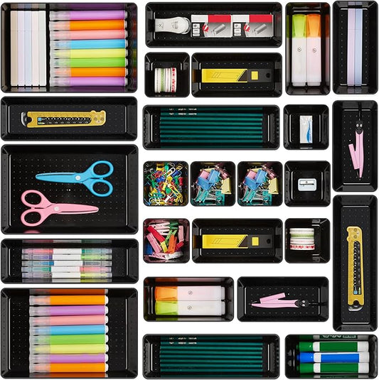Vtopmart 25 PCS Desk Drawer Organizers Set, 4-Size Versatile Plastic Drawer Organizer Desk Accessories Office Organizers and Storage, Bathroom, Makeup, Vanity, Black