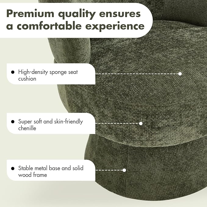 360° Swivel Accent Chairs, Modern Chenille Upholstered Boucle Dining Chair with Back, Vanity Chair Accent Armchair Side Chairs for Dining/Living Room, Bedroom, Green