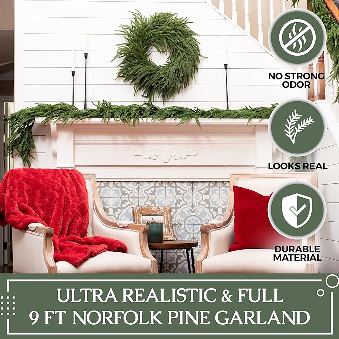 Extra Full 9 ft Real Touch Norfolk Pine Garland Realistic 9ft, Christmas Garland for Mantle, Soft and Bendable Real Touch Garland Christmas Greenery, Evergreen Christmas Garlands for Fireplace, Stairs
