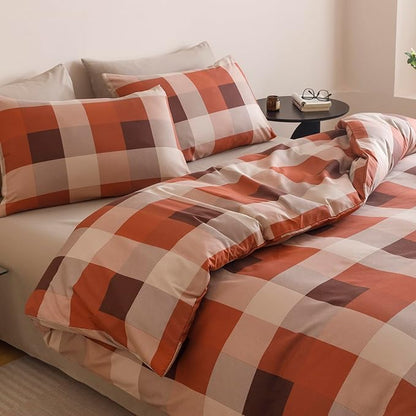 CLOTHKNOW Plaid Queen Comforter Set Gingham Buffalo Bedding Comforter Sets Rust Brown Khaki Geometric Comforter Queen Sets with 2 x Pillow Cases
