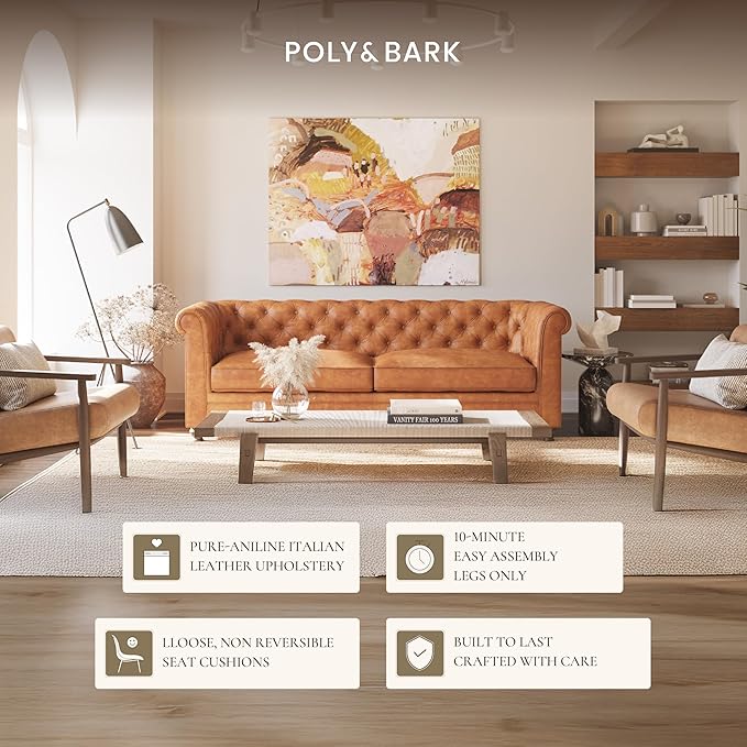 Poly & Bark Lyon Leather Couch - 87.4 Inch Sofa - Full-Grain Leather Sofa for Living Room with Feather-Down Topper - Living Room Couch - Vintage Italian Leather in Cognac Tan