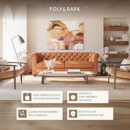 Poly & Bark Lyon Leather Couch - 87.4 Inch Sofa - Full-Grain Leather Sofa for Living Room with Feather-Down Topper - Living Room Couch - Vintage Italian Leather in Cognac Tan
