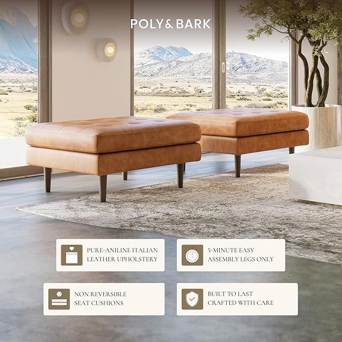 POLY & BARK Napa Ottoman - Full-Grain Leather Upholstered Ottoman with Feather-Down Topper - Accent Chairs for Living Room - Vintage Italian Leather in Cognac Tan