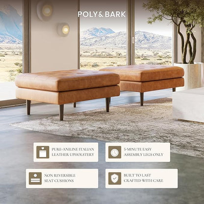 POLY & BARK Napa Ottoman - Full-Grain Leather Upholstered Ottoman with Feather-Down Topper - Accent Chairs for Living Room - Vintage Italian Leather in Cognac Tan