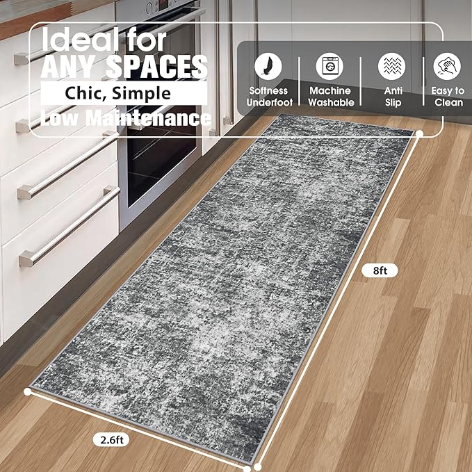 Runner Rug for Hallways Kitchen 2'6"x8' Washable Non Slip: Carpet Non Skid 8ft Entryway Rubber Backed 8 Feet Neutral Abstract Modern Rug Low Pile Pet Friendly Indoor Black Grey