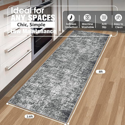 Runner Rug for Hallways Kitchen 2'6"x8' Washable Non Slip: Carpet Non Skid 8ft Entryway Rubber Backed 8 Feet Neutral Abstract Modern Rug Low Pile Pet Friendly Indoor Black Grey