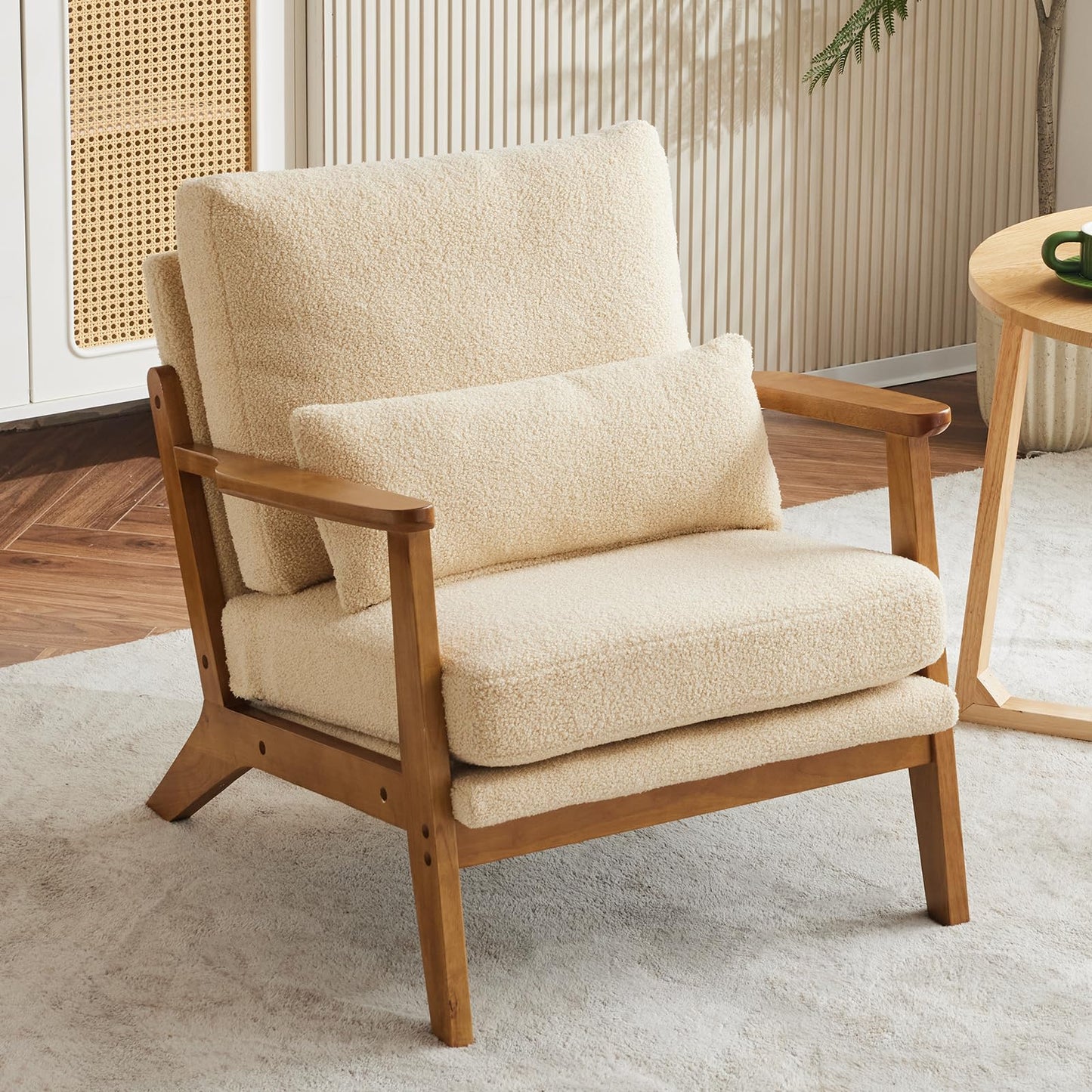 VINGLI Solid Wood Wide Armrests Accent Chair,Upholstered Mid Century Modern Chair with Pillow,Comfy Reading Chair Farmhouse Arm Chair,Chairs Living Room,Bedroom,Guest Room,Teddy Fleece,Khaki