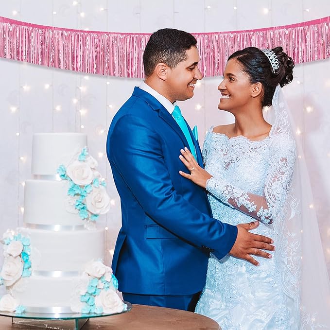 12 Pack 10 Feet Metallic Foil Fringe Garland Tinsel Streamers Banner, Pink Wall Hanging Tinsel Fringe Banners for Parade Floats, Wedding, Birthday, Christmas, New Year Party Decorations