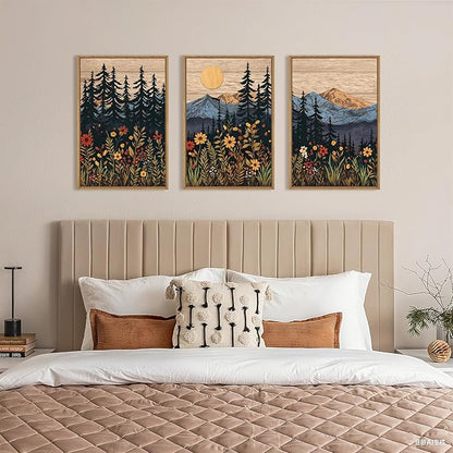 HOURIA Natural Mountain Floral Framed Canvas Wall Art,Modern Sunrise Forest Wall Decor,Boho Wildflower Woodland Landscape Artwork,Wilderness Pine Tree Field Art Print for Living Room,Office-24 x36 x3