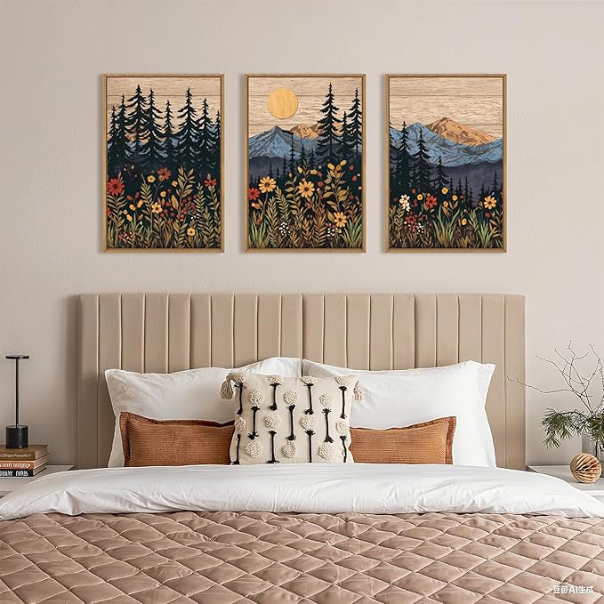 HOURIA Natural Mountain Floral Framed Canvas Wall Art,Modern Sunrise Forest Wall Decor,Boho Wildflower Woodland Landscape Artwork,Wilderness Pine Tree Field Art Print for Living Room,Office-16 x24 x3