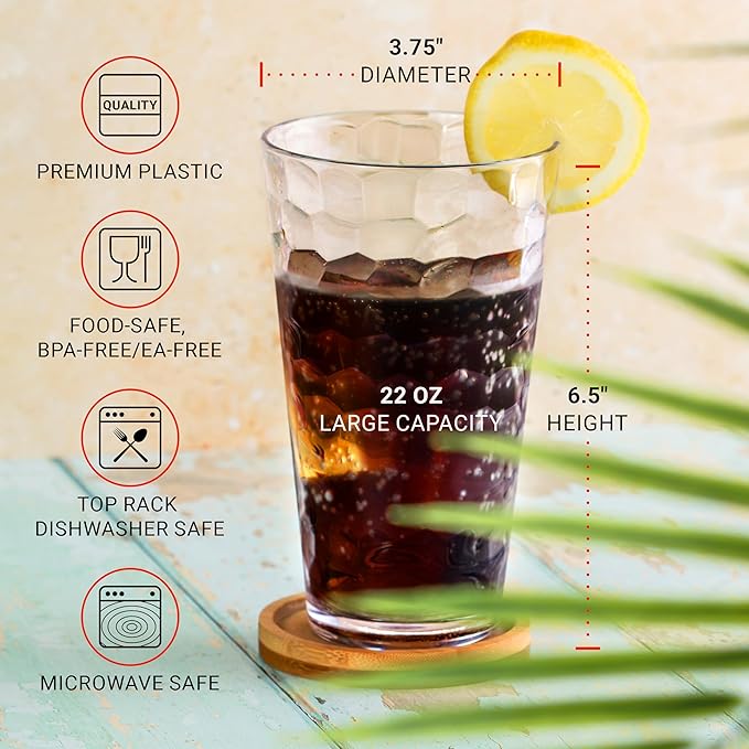 Hammered Plastic Drinking High Tumbler, Dishwasher-Safe Premium Quality Glasses, BPA-Free Reusable Outdoor Cups, 22 oz Set of 10