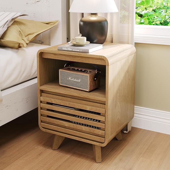 Fluted Night Stand Nightstand with Drawer Storage Grille Bed Side Table End Table Large Modern Wide Bedside Stand Tall Night Stands for Bedroom Living Room Home Office, Natural Oak