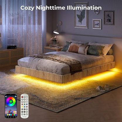 Evermagin Natural Full Floating Bed Frame with led Lights, Bohemia Fluted Floating Platform Bed No Headboard, Heavy Duty Metal Float Bedframe, No Box Spring Needed