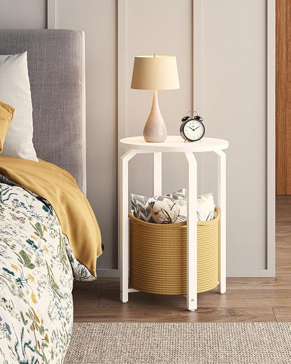 TUTOTAK Small Side Table, Oval End Table, Night Stand, Bedside Table, Sofa Table with Storage Basket, Living Room, Bed Room, White and Beige TB01BWN093