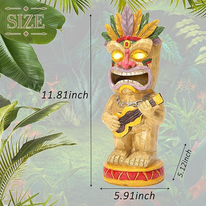 Solar Tiki Garden Statue with LED Eyes Outdoor Resin Ukulele Player Yard Decor Solar Light Hawaiian Style Lawn for Patio Porch Lawn Tiki Bar or Tiki Lover Funny Gifts