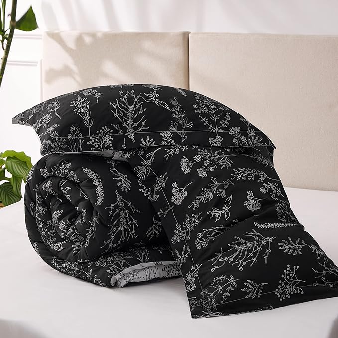Bedsure Twin/Twin XL Comforter Set - Black Bed Set, 2 Pieces Cute Floral Bedding, 1 Soft Reversible Botanical Flowers Comforter and 1 Pillow Sham
