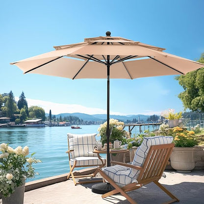 PHI VILLA 10ft Patio Umbrellas, Outdoor 3 Tier Vented Large Market Table Umbrella with 8 Sturdy Ribs and 1.5" Umbrellla Pole for Lawn Poolside Garden Terrace, Beige(No Base)