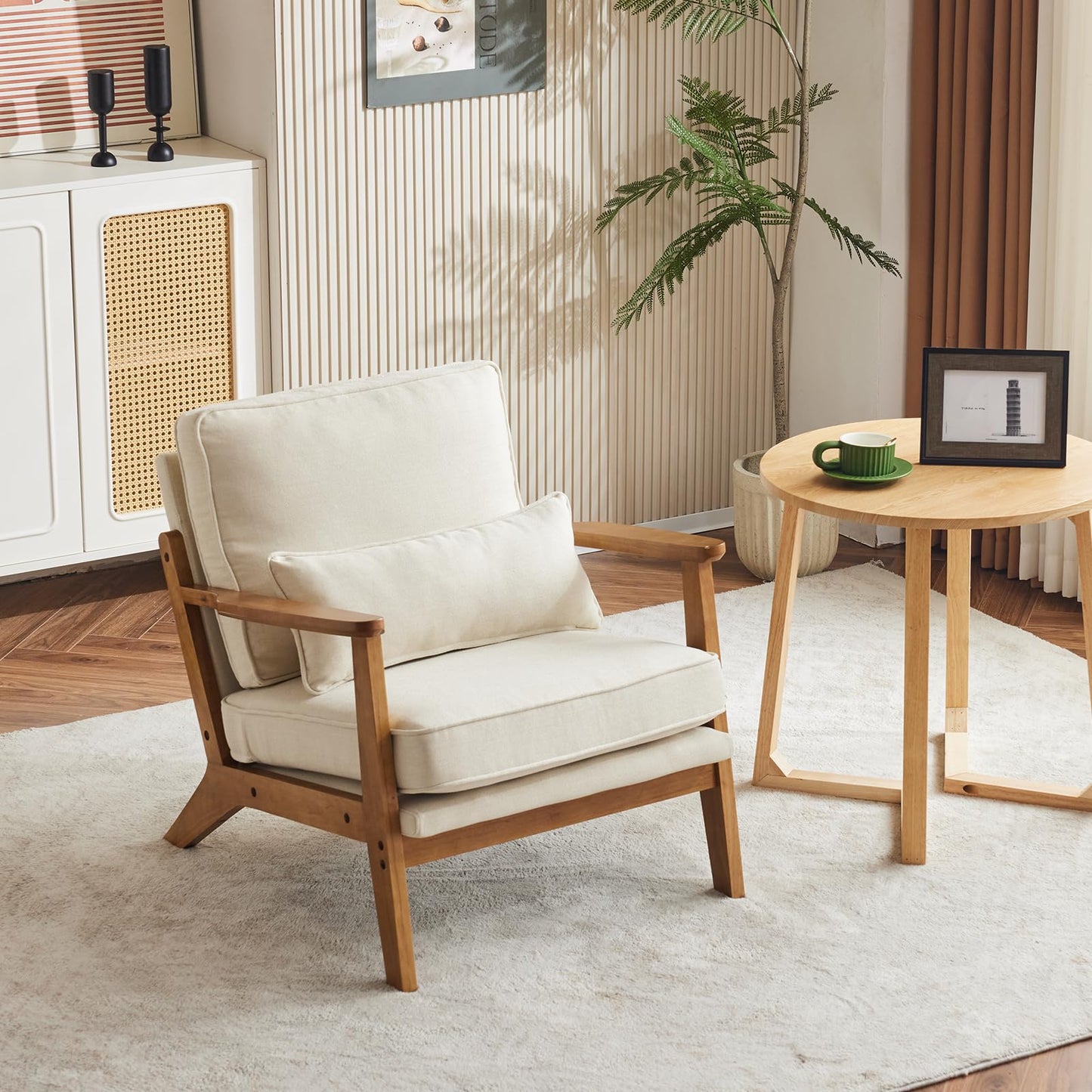 VINGLI Solid Wood Wide Armrests Accent Chair,Upholstered Mid Century Modern Chair with Pillow,Comfy Reading Chair Farmhouse Arm Chair,Chairs Living Room,Bedroom,Guest Room,Teddy Fleece,Khaki