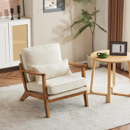 VINGLI Solid Wood Wide Armrests Accent Chair,Upholstered Mid Century Modern Chair with Pillow,Comfy Reading Chair Farmhouse Arm Chair,Chairs Living Room,Bedroom,Guest Room,Teddy Fleece,Khaki