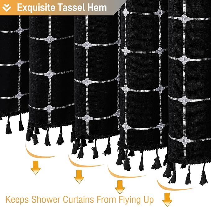 BTTN Boho Farmhouse Shower Curtain, Linen Heavy Duty Fabric Shower Curtain Set with Tassel, Water Repellent, Bohemian Vintage Country Polyester Shower Curtains for Bathroom, Black and White, 72x72