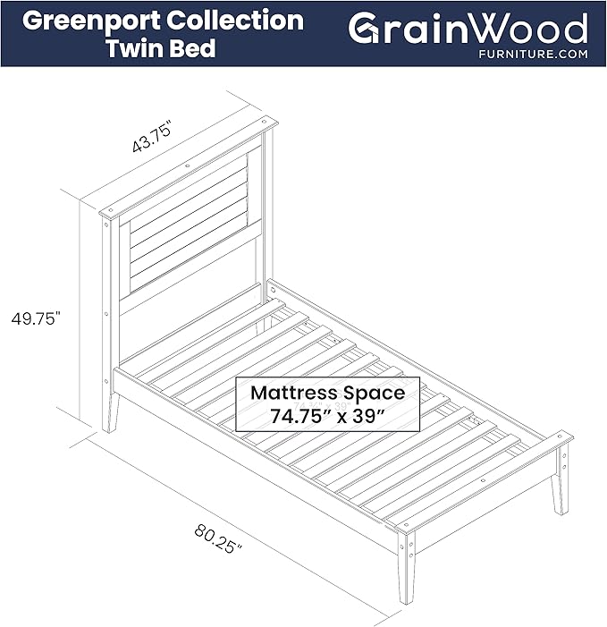 Grain Wood Furniture Greenport Solid Wood Platform Bed, Twin Size, Brushed Walnut