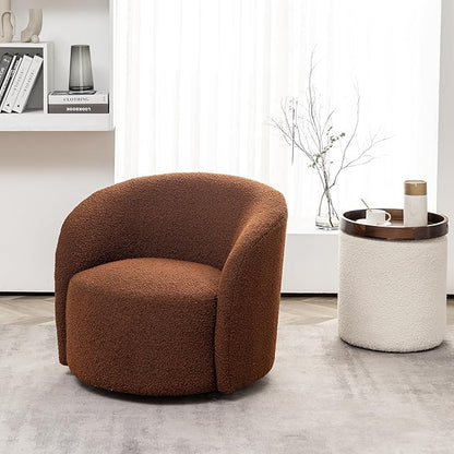 KINWELL 34" Boucle Swivel Barrel Chair with 18" Round Ottoman Set, Fully Assembled Set of Sherpa Accent Chair and Footrest, Modern Comfy Armchair and Footstool for Living Room and Bedroom, Brown