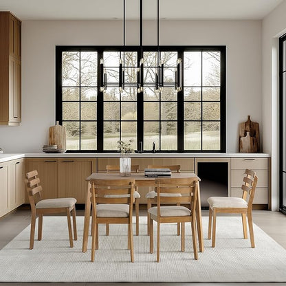 Modern Dining Table Set for 4, Wooden Farmhouse Dining Roon Table and Solid Wood Chairs, 7-Piece Dining Set for Home, Kitchen, Dining Room, 6 Upholstered Chairs, Solid Wood Legs