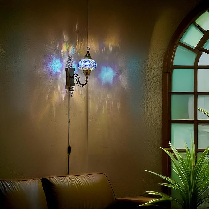 Turkish Moroccan Mosaic Plug-in Wall Sconce Lamp, Handmade Tiffany-Style Glass Globe, Ornate Brass Base, 5.2-ft Cord, Decorative Lighting for Living Room, Bedroom, Dining Room, 15x5 in, Blue-Multi