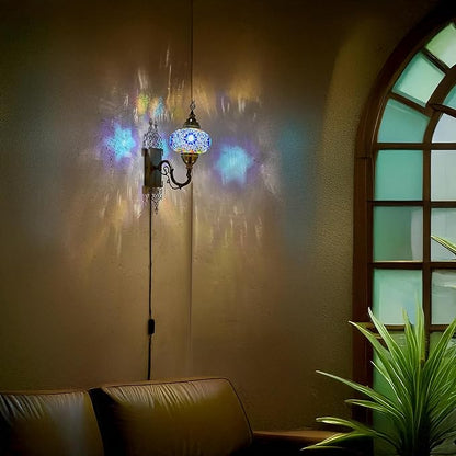 Turkish Moroccan Mosaic Plug-in Wall Sconce Lamp, Handmade Tiffany-Style Glass Globe, Ornate Brass Base, 5.2-ft Cord, Decorative Lighting for Living Room, Bedroom, Dining Room, 15x5 in, Blue-Multi