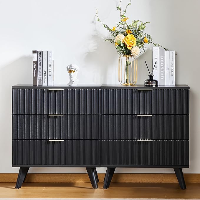 Fluted 3 Drawer Dressers, Modern Closet Dressers Chest of Drawers, Wood Storage Dresser Chest of Drawers Organizer for Bedroom Living Room Hallway Closet,Black, 2 Sets