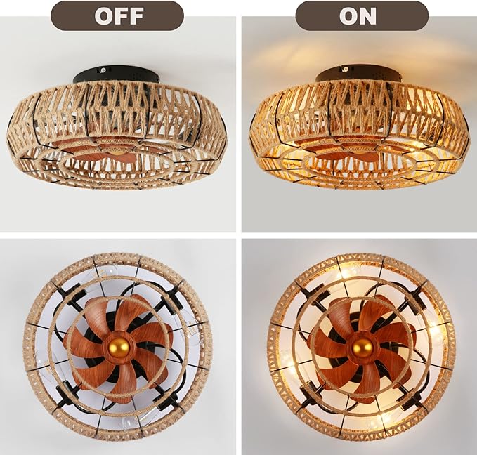 20" Caged Ceiling Fans with Lights and Remote, Boho Flush Mount Ceiling Fan with Light, Low Profile Chandelier 6 Speed Bladeless Reversible Ceiling Fan w/ 4 Bulbs. for Living Room Bedroom.