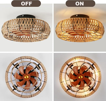 20" Caged Ceiling Fans with Lights and Remote, Boho Flush Mount Ceiling Fan with Light, Low Profile Chandelier 6 Speed Bladeless Reversible Ceiling Fan w/ 4 Bulbs. for Living Room Bedroom.