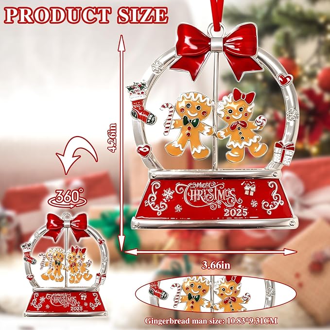 Christmas Gingerbread Couple Ornaments 2025 for Tree Decorations,Dated 2025 Metal Wreath Ornament with Rotatable for Christmas Keepsake Gifts for Grandparents, Kids, Friend