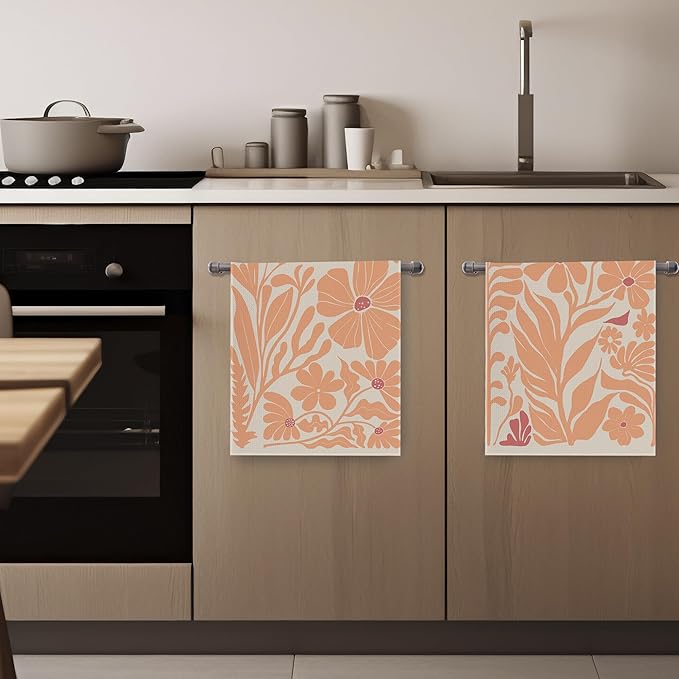 Boho Floral Dish Towels Vintage Abstract Flowers Waffle Weave Orange Flower