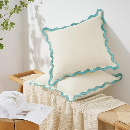 MONDAY MOOSE Decorative Throw Pillow Covers Cushion Cases, Set of 2 Soft Velvet Scalloped Wavy Edge Designs, Mix and Match for Home Decor, Pillow Inserts Not Included (White/Light Blue, 20x20 inch)