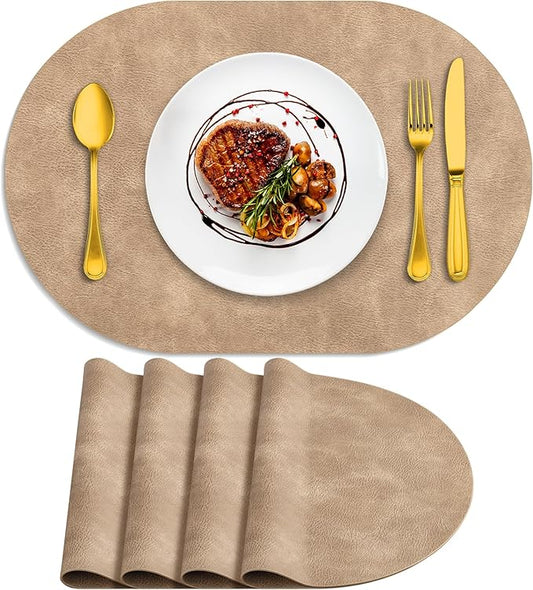 ADRIMER Placemats, Heat Resistant Oval Placemats Set of 4 Washable 12 x 17 Inch, Waterproof Table Placemats Set of 4, Wipeable Faux Leather Placemats for Kitchen, Dining Room, Apricot
