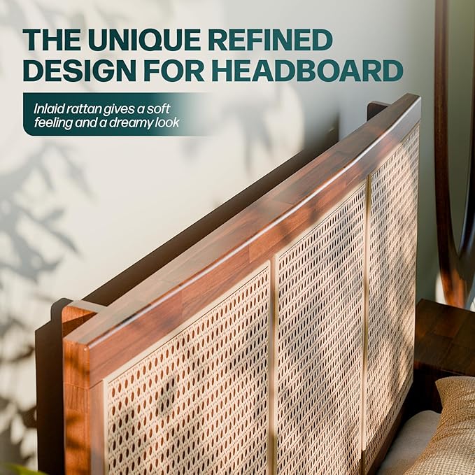 Bme Nancy King Size Bed Frame and Headboard, Unique Geometric Headboard, US Patent Pending Design, Mid Century Modern Style, Acacia Wood, 12 Slats, No Box Spring Needed, Easy Assembly, Dark Chocolate