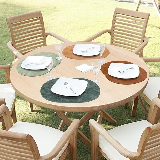 ADRIMER Placemats, Heat Resistant Oval Placemats Set of 4 Washable 12 x 17 Inch, Waterproof Table Mats, Wipeable Pu Place Mats for Kitchen, Dining Room, Turmeric Brown+Light Brown+Green+Blue