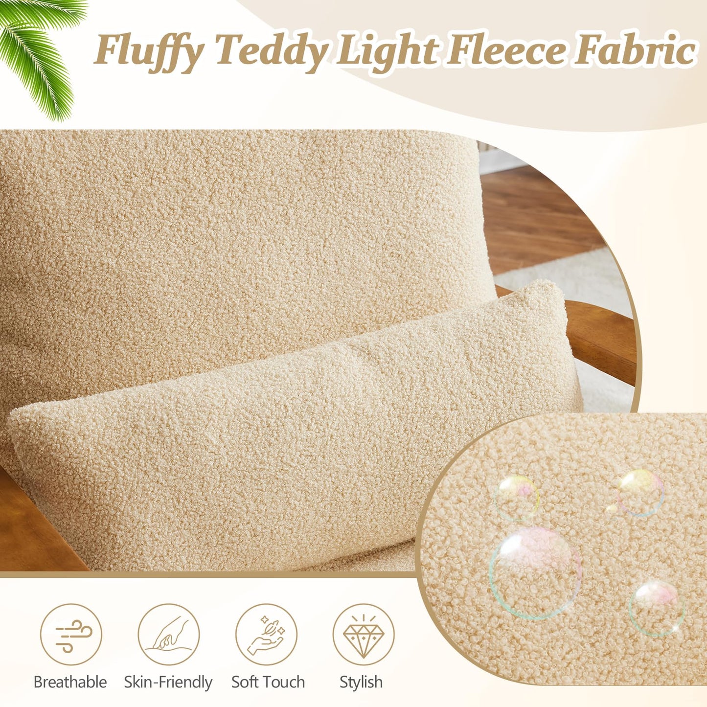 VINGLI Solid Wood Wide Armrests Accent Chair,Upholstered Mid Century Modern Chair with Pillow,Comfy Reading Chair Farmhouse Arm Chair,Chairs Living Room,Bedroom,Guest Room,Teddy Fleece,Khaki