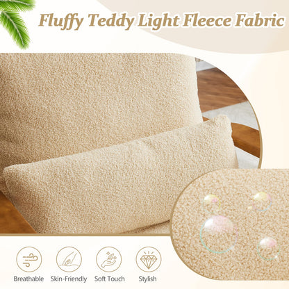 VINGLI Solid Wood Wide Armrests Accent Chair,Upholstered Mid Century Modern Chair with Pillow,Comfy Reading Chair Farmhouse Arm Chair,Chairs Living Room,Bedroom,Guest Room,Teddy Fleece,Khaki