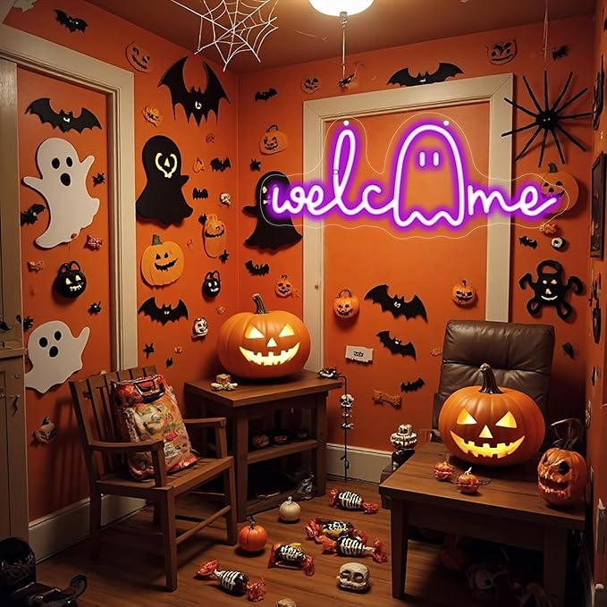 Welcome Ghouls Neon Sign, Spooky Ghost LED Halloween Decor, Haunted House Entryway Light, Available Gothic Haunted Mansion Light for Bedroom Bar Cave Room Decor Party Home-Purple