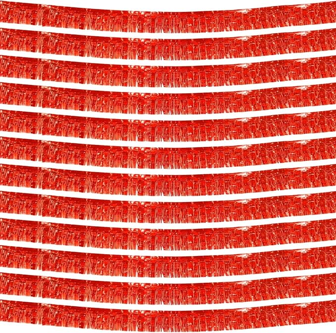 12 Pack 10 Feet Metallic Foil Fringe Garland Tinsel Streamers Banner, Red Wall Hanging Tinsel Fringe Banners for Parade Floats, Wedding, Birthday, Christmas, New Year Party Decorations