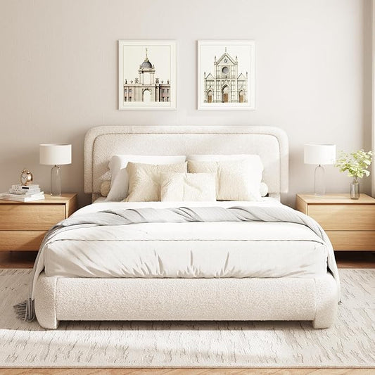 Queen Size Boucle Bed Frame, Cloud Upholstered Platform Bed with Height Adjustable Headboard & Soft Rounded Corners, No Box Spring Needed, Noise Free, Easy Assembly, Beige