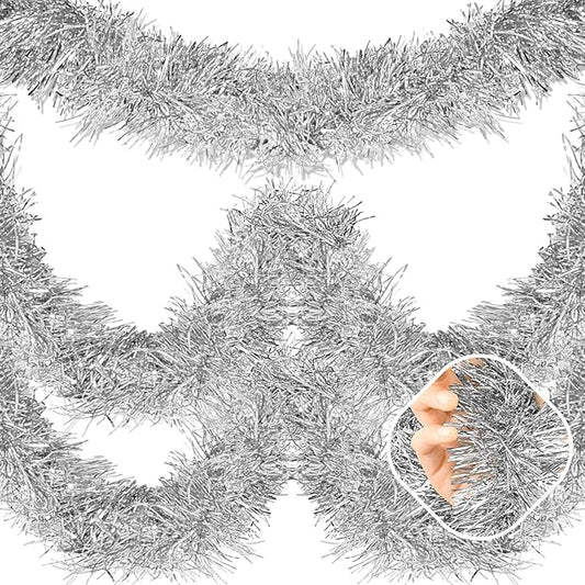 50 Feet Silver Christmas Tinsel Garland, Metallic Foil Twist Garland Wall Hanging Tinsel Banner Backdrop for Parade Floats, Easter, Mother's Day, Wedding Party Decorations (2in x 50ft)