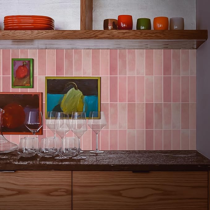 5 Pack Peel and Stick Backsplash Subway Tiles, Extra Thick 3D Wall Panels, Heat & Water Resistant, Easy DIY Kitchen, Bathroom, Laundry, Fireplace & Rental Home Wall Décor (12 x 12 in), Pink